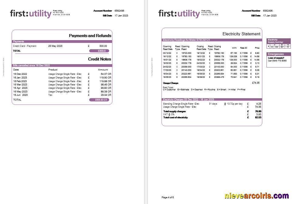 United Kingdom First gas and electricity utility bills, 6 pages
